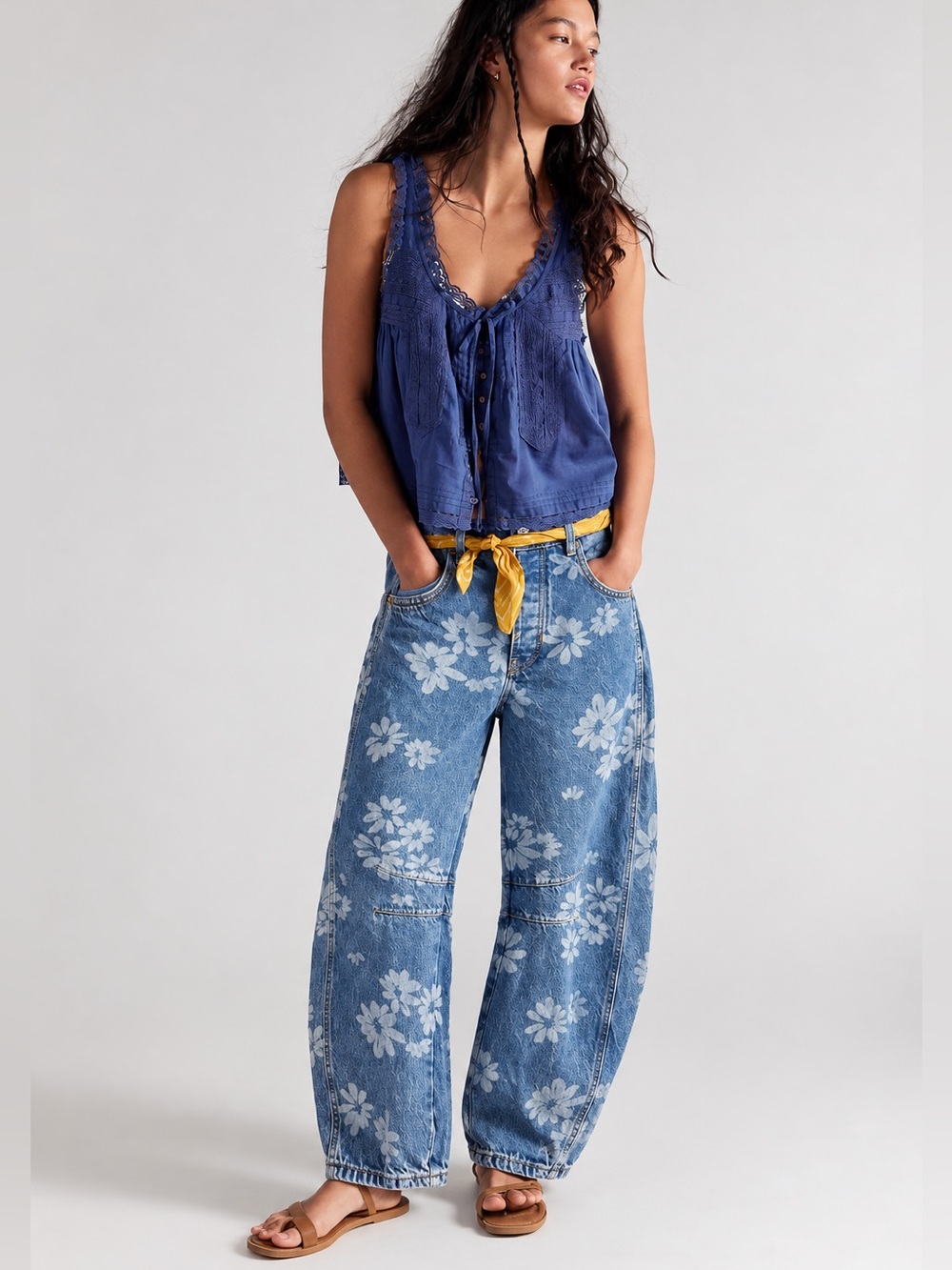Free People Good Luck Floral Print Barrel Jeans
